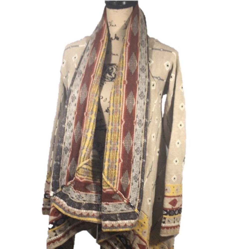 Cardigan Aztec Mayan Tribal Waterfall Front Boho